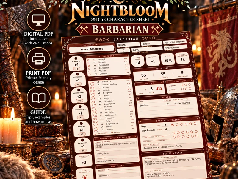Nightbloom Fury Barbarian character sheet mockup in a themed scene
