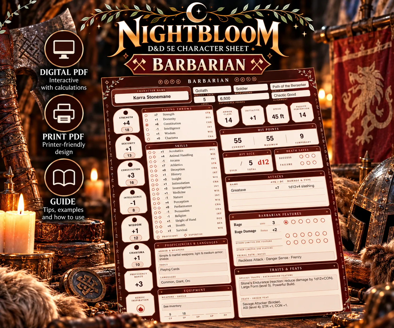 Nightbloom Fury Barbarian character sheet mockup in a themed scene