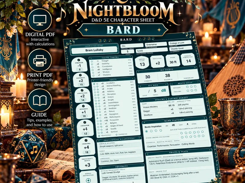 Nightbloom Serenade Bard character sheet mockup in a themed scene
