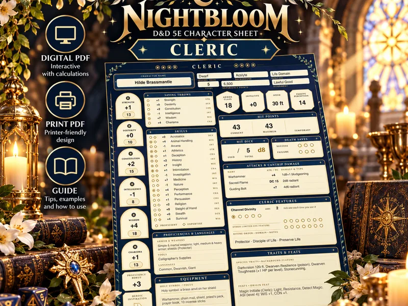 Nightbloom Halo Cleric character sheet mockup in a themed scene