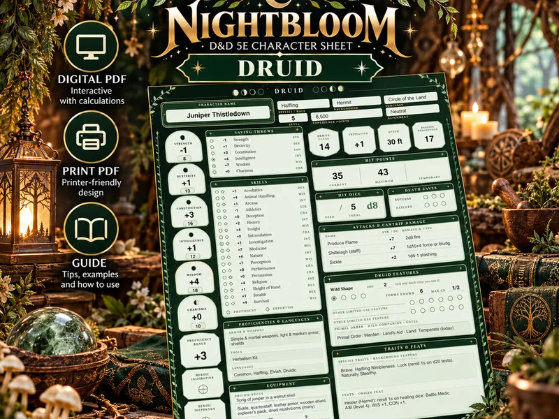 Nightbloom Mosswood Druid character sheet mockup in a themed scene