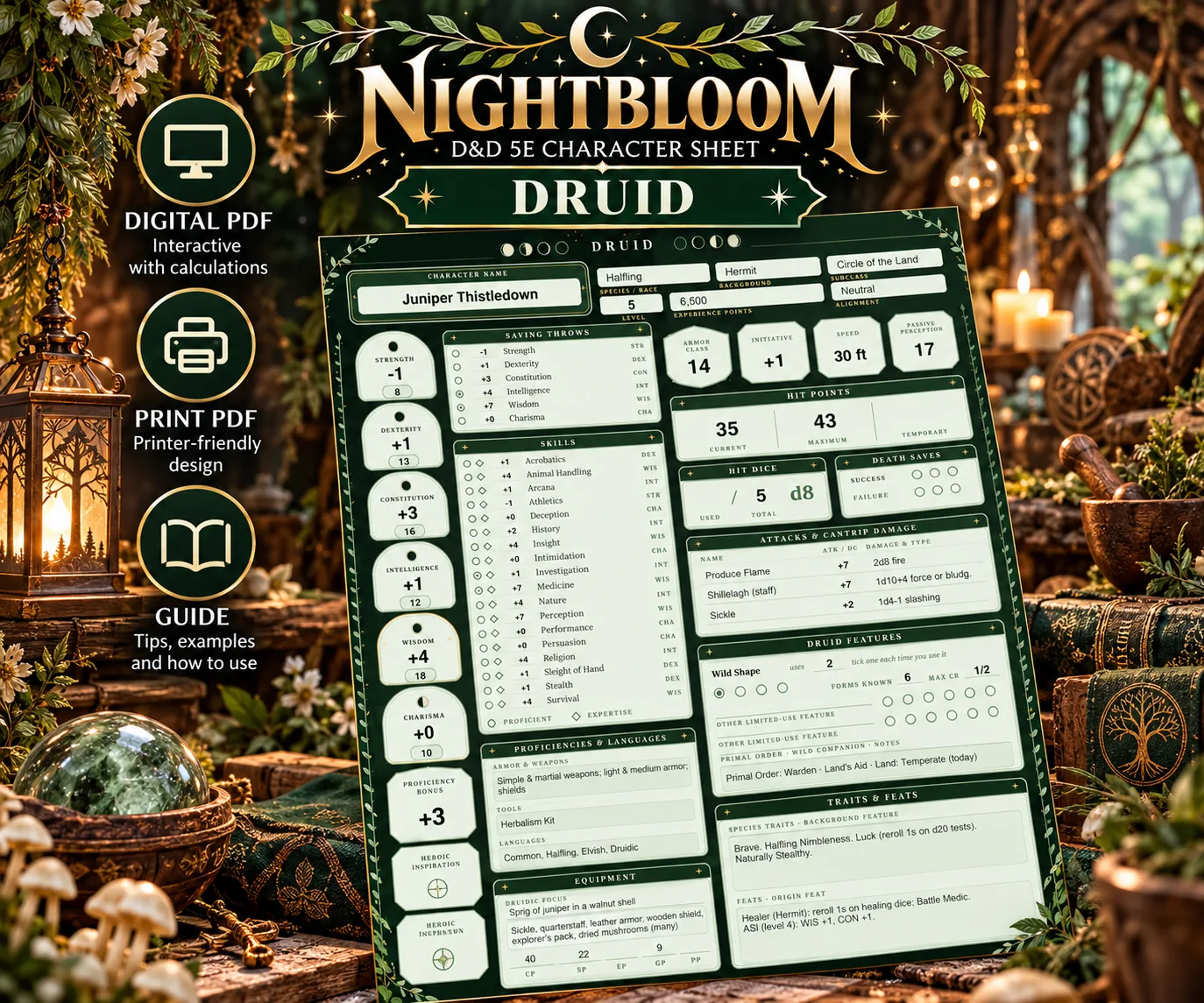 Nightbloom Mosswood Druid character sheet mockup in a themed scene