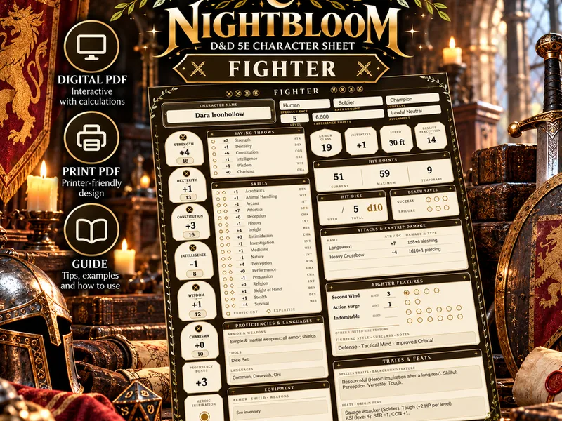 Nightbloom Vanguard Fighter character sheet mockup in a themed scene