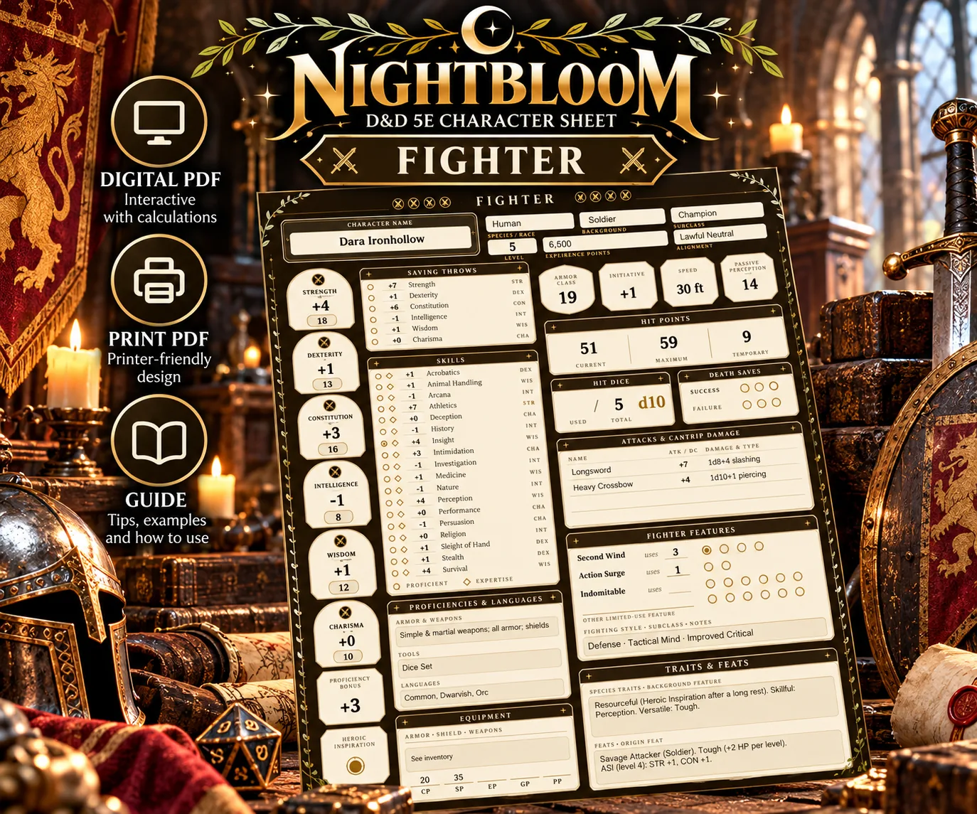 Nightbloom Vanguard Fighter character sheet mockup in a themed scene