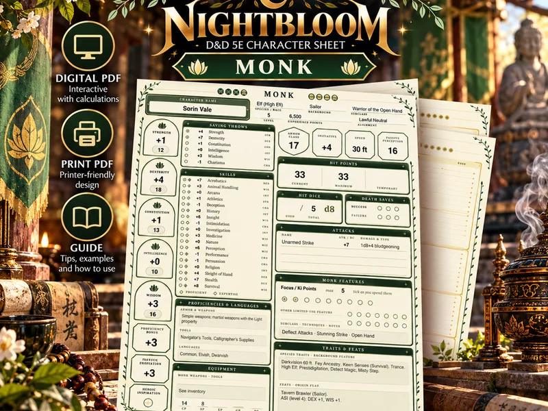 Nightbloom Stillwater Monk character sheet mockup in a themed scene
