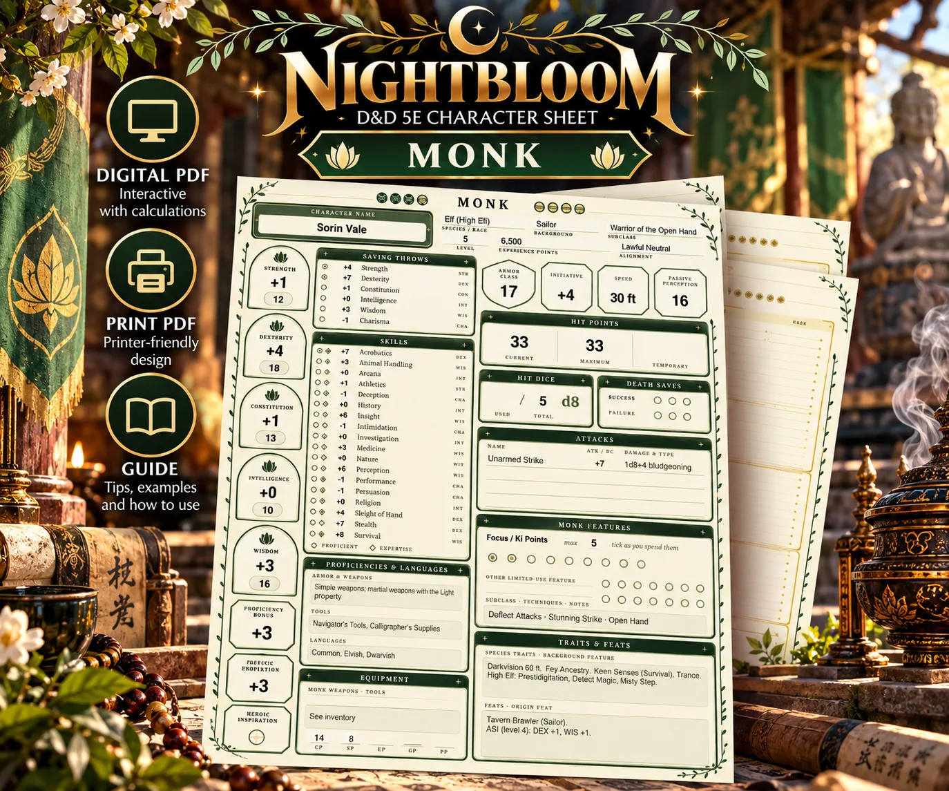 Nightbloom Stillwater Monk character sheet mockup in a themed scene