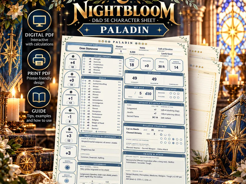 Nightbloom Oath Paladin character sheet mockup in a themed scene