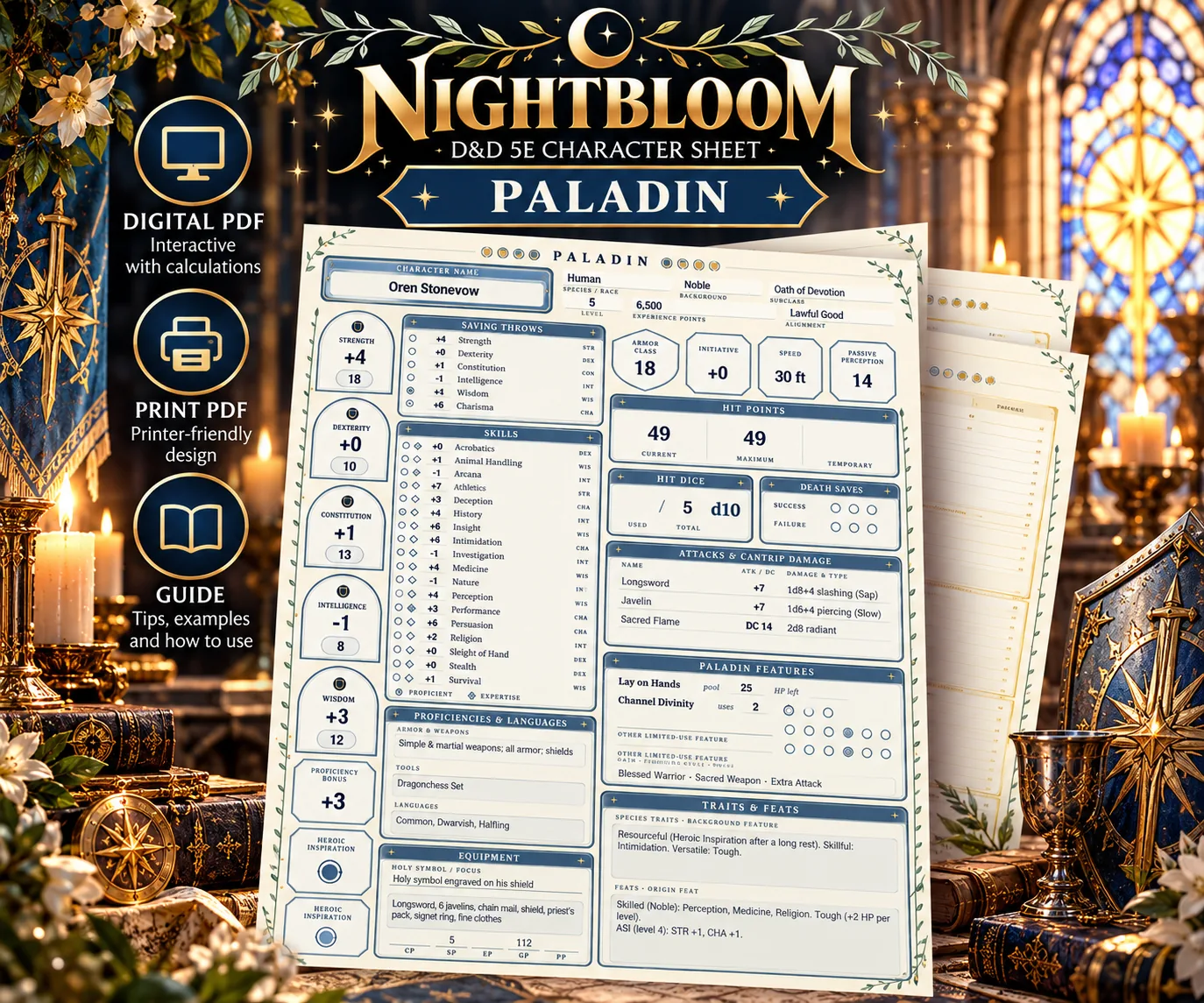Nightbloom Oath Paladin character sheet mockup in a themed scene