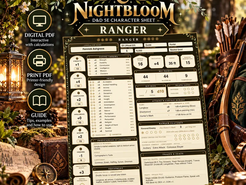 Nightbloom Wilds Ranger character sheet mockup in a themed scene