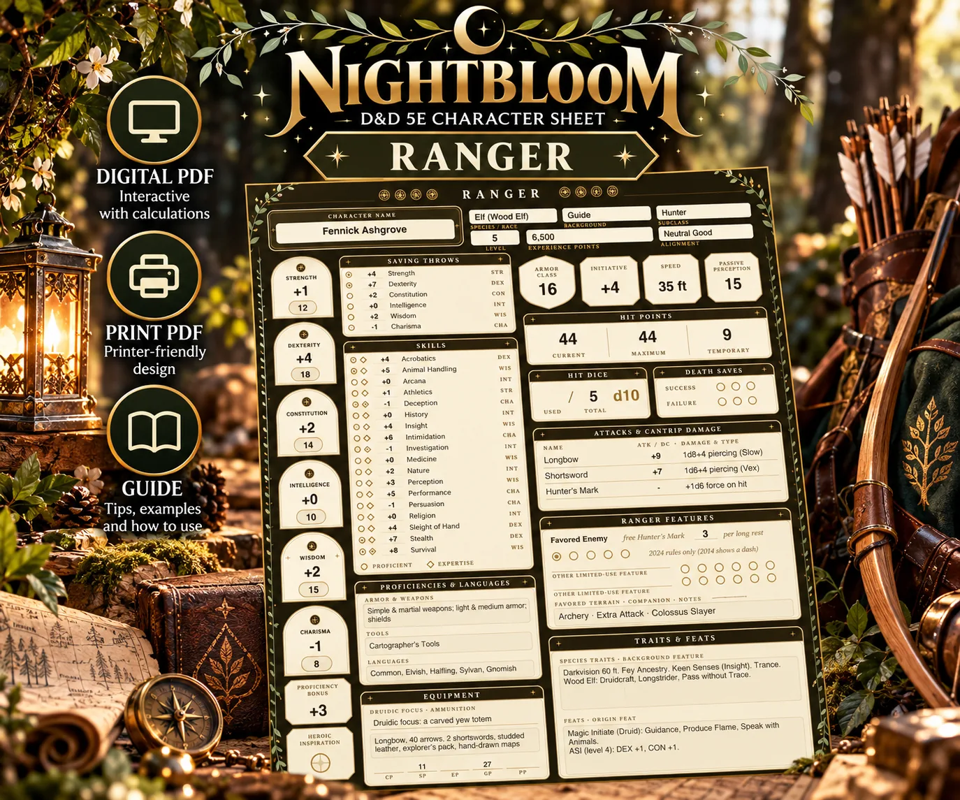 Nightbloom Wilds Ranger character sheet mockup in a themed scene