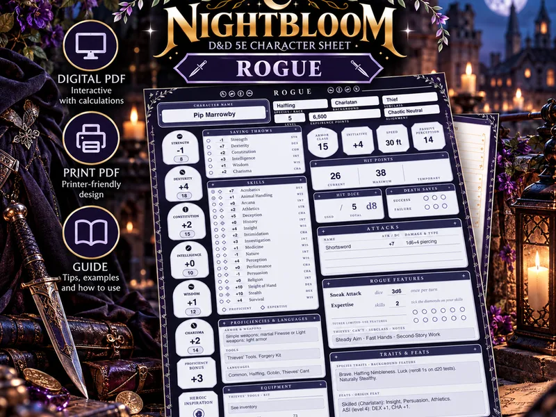 Nightbloom Shadow Rogue character sheet mockup in a themed scene
