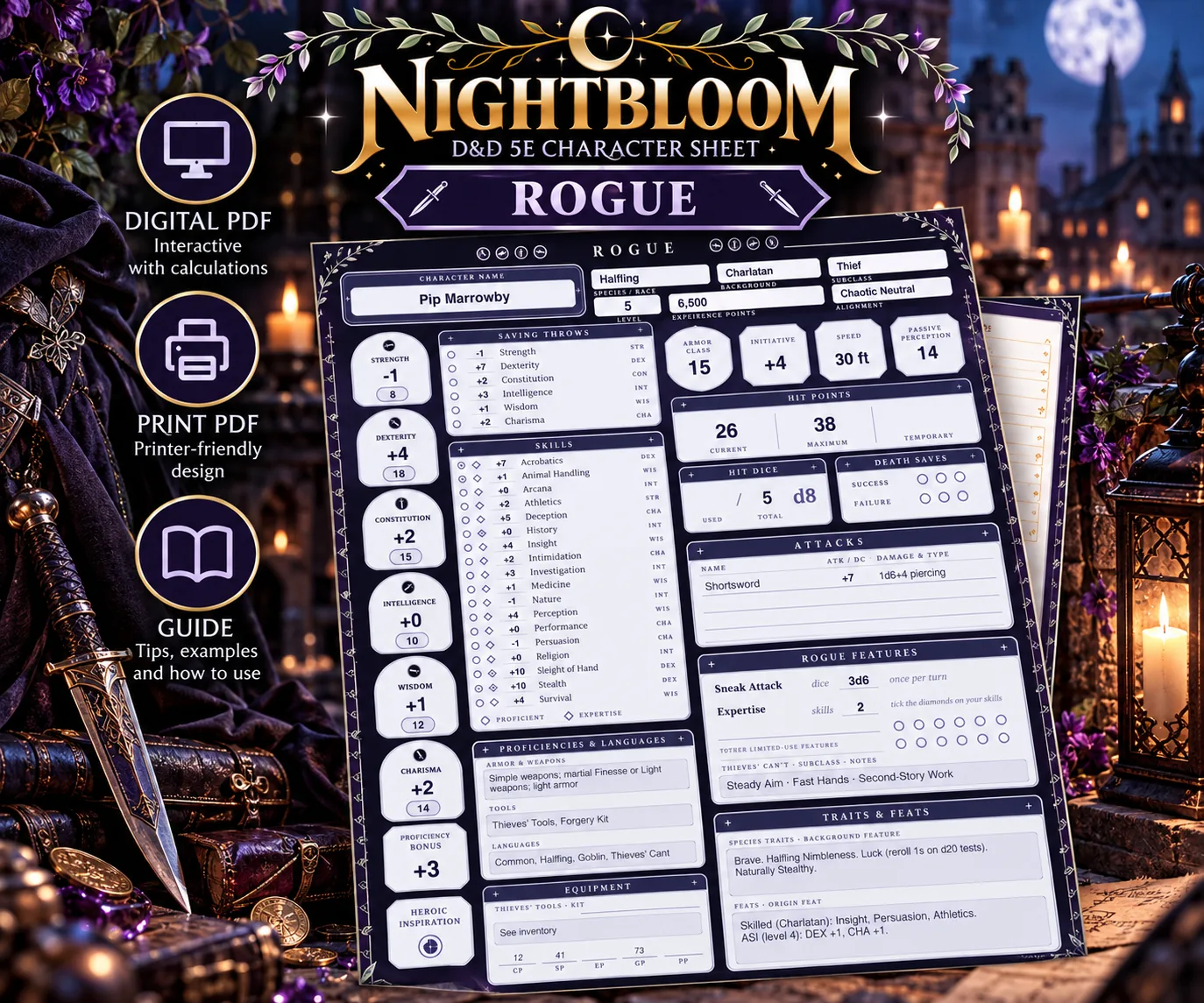 Nightbloom Shadow Rogue character sheet mockup in a themed scene