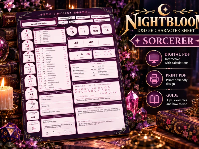 Nightbloom Ember Sorcerer character sheet mockup in a themed scene