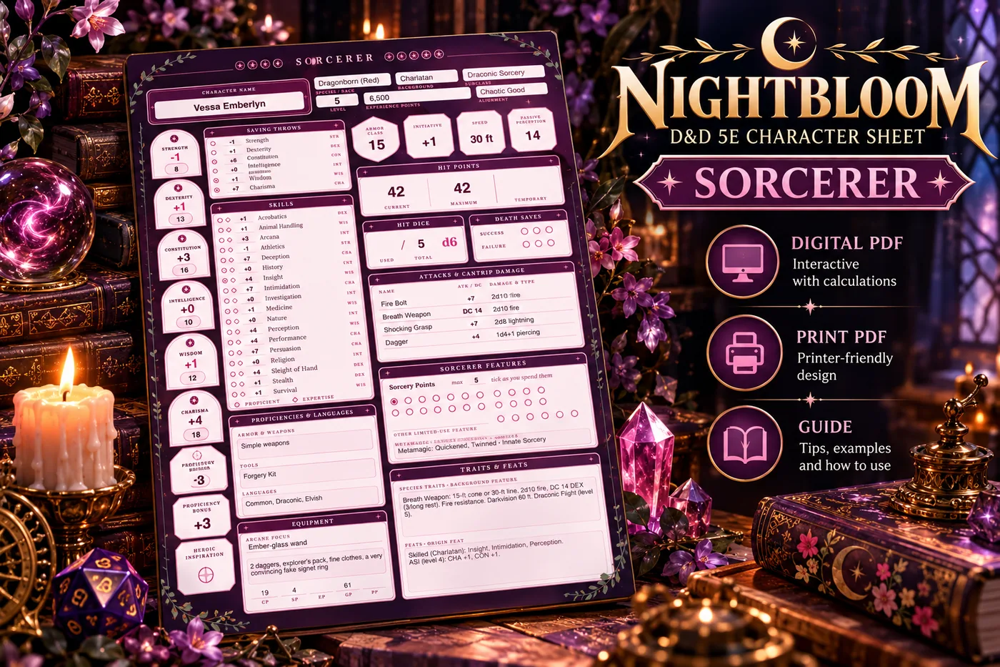 Nightbloom Ember Sorcerer character sheet mockup in a themed scene