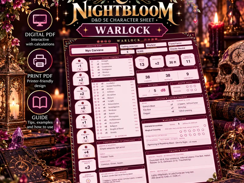 Nightbloom Pact Warlock character sheet mockup in a themed scene