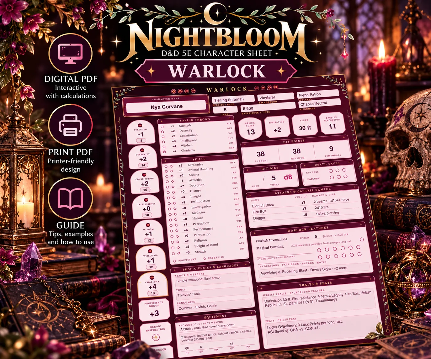 Nightbloom Pact Warlock character sheet mockup in a themed scene
