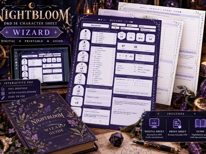 Nightbloom Grimoire Wizard character sheet mockup in a themed scene
