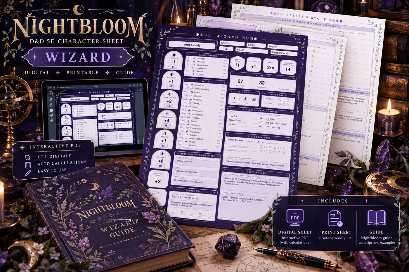 Nightbloom Grimoire Wizard character sheet mockup in a themed scene