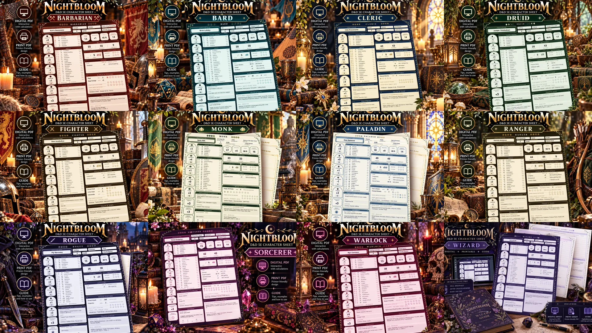 All twelve Nightbloom class sheets, each with its own themed look